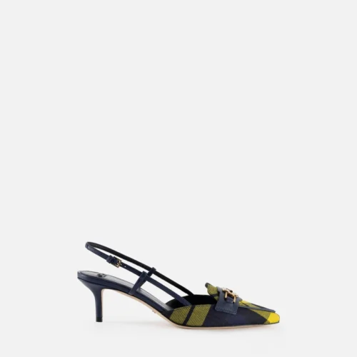 Slingback in pelle e tartan di lana